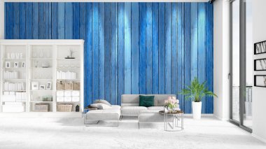 Modaya uygun ve modern gri kanepe beyaz raf ile yeni iç ile sahne. 3D render. Yatay düzenleme.