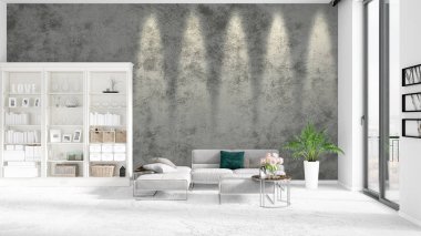 Modaya uygun ve modern gri kanepe beyaz raf ile yeni iç ile sahne. 3D render. Yatay düzenleme.