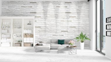 Modaya uygun ve modern gri kanepe beyaz raf ile yeni iç ile sahne. 3D render. Yatay düzenleme.