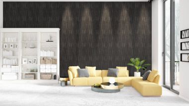 Sahne iç beyaz raf ve sarı kanepe ile modaya uygun. 3D render, 3d çizim. Yatay düzenleme.