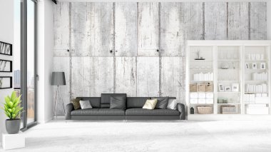 Modern iç moda siyah deri kanepe ve yatay düzenleme boşaltmak. 3D render.