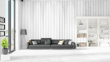 Modern iç moda siyah deri kanepe ve yatay düzenleme boşaltmak. 3D render.