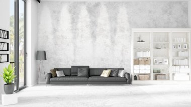 Modern iç moda siyah deri kanepe ve yatay düzenleme boşaltmak. 3D render.