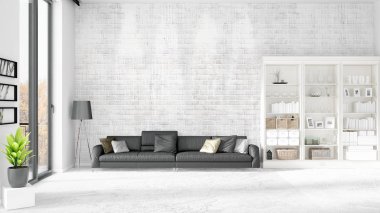 Modern iç moda siyah deri kanepe ve yatay düzenleme boşaltmak. 3D render.