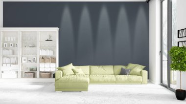 Modaya uygun ve modern yeşil divan beyaz raf ile yeni iç ile sahne. 3D render. Yatay düzenleme.