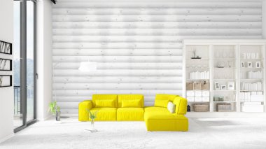 Modaya uygun beyaz raf ve sarı kanepe ile yeni iç ile sahne. 3D render. Yatay düzenleme.