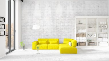 Modaya uygun beyaz raf ve sarı kanepe ile yeni iç ile sahne. 3D render. Yatay düzenleme.