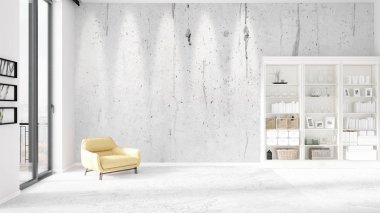 Modaya uygun ve modern sarı sandalye beyaz raf ile yeni iç ile sahne. 3D render. Yatay düzenleme.