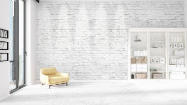 Modaya uygun ve modern sarı sandalye beyaz raf ile yeni iç ile sahne. 3D render. Yatay düzenleme.