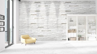 Modaya uygun ve modern sarı sandalye beyaz raf ile yeni iç ile sahne. 3D render. Yatay düzenleme.