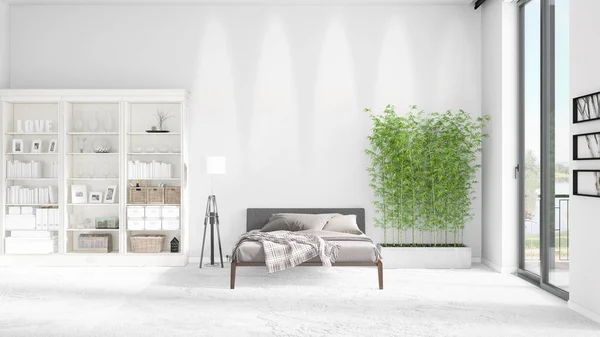 Tafereel met gloednieuwe interieur in zwang met wit rek en moderne bed. 3D-rendering. Horizontale regeling. — Stockfoto