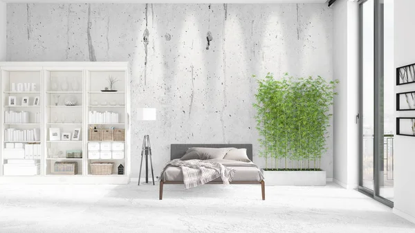 Adegan dengan interior baru dalam mode dengan rak putih dan tempat tidur modern. Perilisan 3D. Pengaturan horisontal . — Stok Foto
