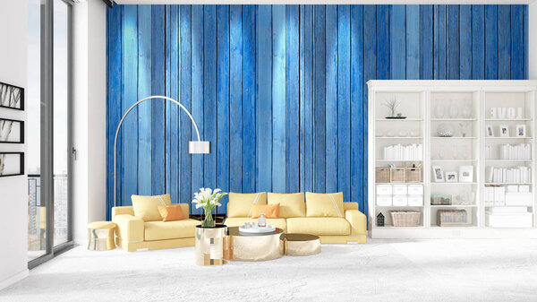 Scene with brand new loft interior in vogue with white rack and modern yellow divan. 3D rendering. Horizontal arrangement.