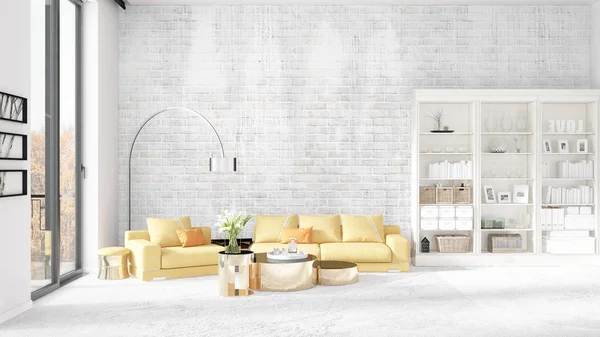 与白色的架子和黄色的沙发时尚的全新内饰的场景。3d 渲染。水平排列. — 图库照片