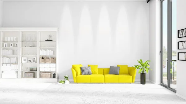 白ラックと黄色のソファで流行のブランドの新しいインテリア シーン。3 d レンダリング。水平方向の配置. — ストック写真