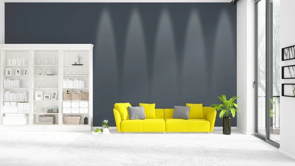 Σκηνή με ολοκαίνουργιο εσωτερικό στη μόδα με λευκό rack και τον κίτρινο καναπέ. 3D rendering. Οριζόντια διάταξη. — Φωτογραφία Αρχείου