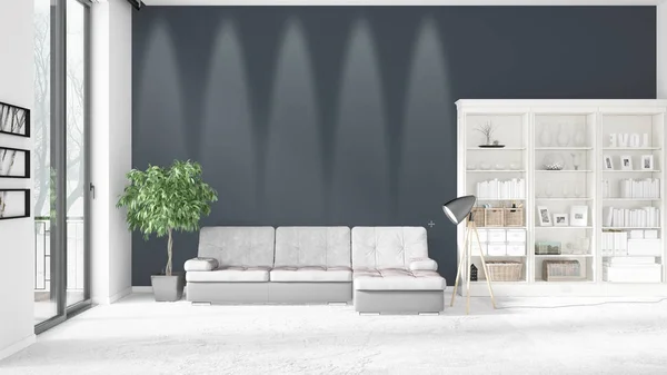 Interior moderno em voga com sofá branco e copyspace em arranjo horizontal. Renderização 3D . — Fotografia de Stock