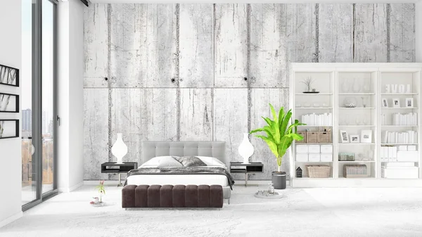 화이트 선반 및 현대 침대 유행 새로운 인테리어 장면. 3d 렌더링입니다. 수평 배열. — 스톡 사진