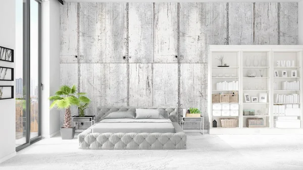 Modaya uygun ve modern yatak beyaz raf ile yeni iç ile sahne. 3D render. Yatay düzenleme. — Stok fotoğraf