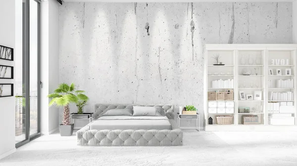 Scene with brand new interior in vogue with white rack and modern bed. 3D rendering. Horizontal arrangement. — Stock Photo, Image