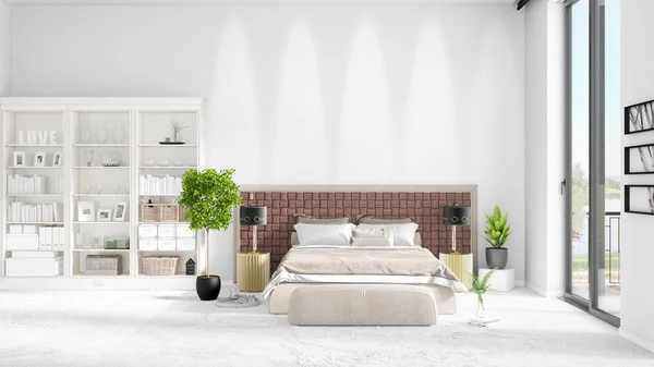 Escena con nuevo interior en boga con estante blanco y cama moderna. Representación 3D. Disposición horizontal . — Foto de Stock