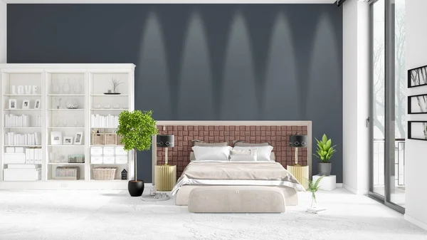 Szene mit brandneuem Interieur im Trend mit weißem Gestell und modernem Bett. 3D-Darstellung. horizontale Anordnung. — Stockfoto