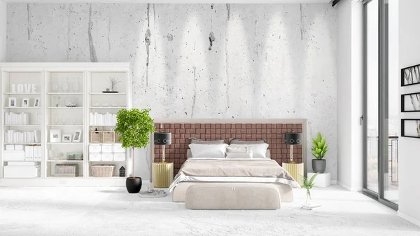 Scene with brand new interior in vogue with white rack and modern bed. 3D rendering. Horizontal arrangement. — Stock Photo, Image