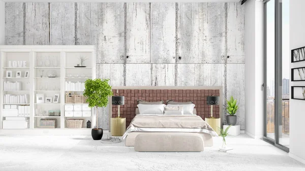 Scene with brand new interior in vogue with white rack and modern bed. 3D rendering. Horizontal arrangement. — Stock Photo, Image