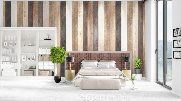 Scene with brand new interior in vogue with white rack and modern bed. 3D rendering. Horizontal arrangement.