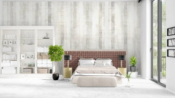 Σκηνή με ολοκαίνουργιο εσωτερικό στη μόδα με λευκό ράφι και σύγχρονο κρεβάτι. 3D rendering. Οριζόντια διάταξη. — Φωτογραφία Αρχείου