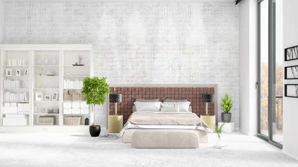 Сцена з абсолютно новим інтер'єром в моді з білою стійкою і сучасним ліжком. 3D візуалізація. Горизонтальне розташування . — стокове фото