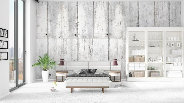 Tafereel met gloednieuwe interieur in zwang met wit rek en moderne bed. 3D-rendering. Horizontale regeling. — Stockfoto
