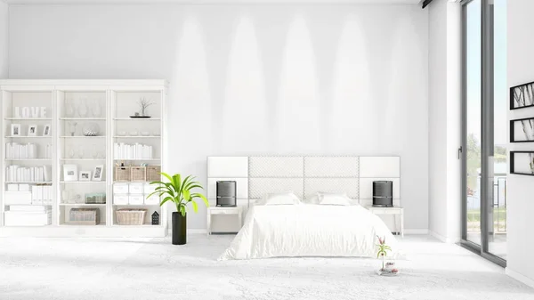Tafereel met gloednieuwe interieur in zwang met wit rek en moderne bed. 3D-rendering. Horizontale regeling. — Stockfoto