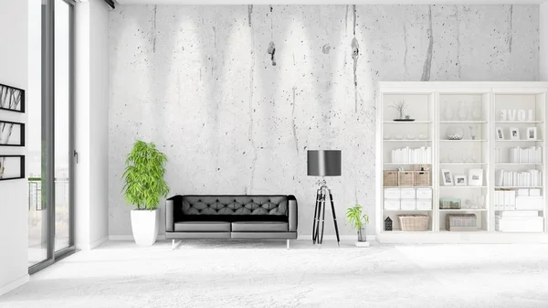 Interior modern dalam mode dengan sofa kulit hitam dan ruang penyalinan dalam pengaturan horisontal. Perender 3D . — Stok Foto