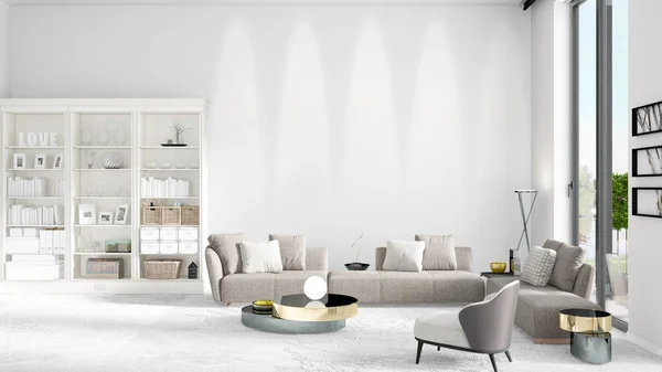 Scen med helt ny inredning i vogue med vita rack och modern grå soffa. 3D-rendering. Horisontella arrangemang. — Stockfoto