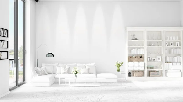 Moderne loft interieur in vogue met witte Bank en copyspace in horizontale regeling. 3D-rendering. — Stockfoto
