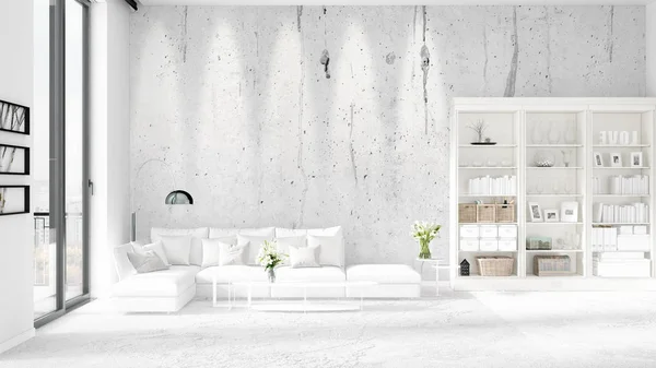 Moderno loft interior en boga con sofá blanco y copyspace en disposición horizontal. Renderizado 3D . —  Fotos de Stock