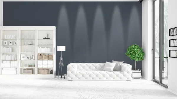 Interior loft moderno em voga com sofá branco e copyspace em arranjo horizontal. Renderização 3D . — Fotografia de Stock