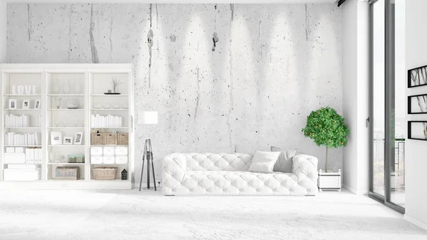 Interior loft moderno em voga com sofá branco e copyspace em arranjo horizontal. Renderização 3D . — Fotografia de Stock