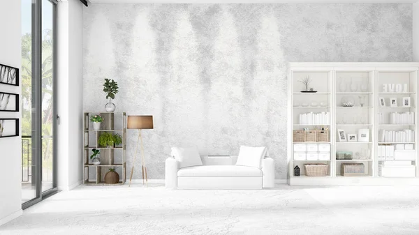 Intérieur loft moderne en vogue avec canapé blanc et copyspace en disposition horizontale. rendu 3D . — Photo