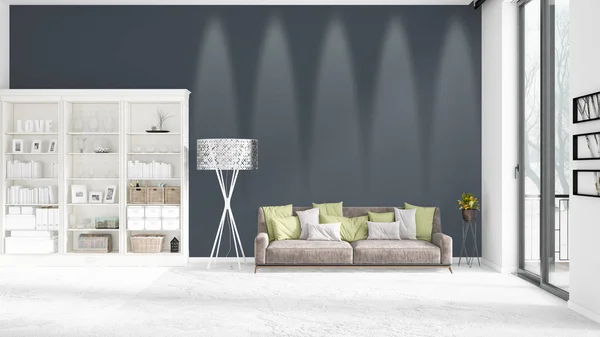 Tafereel met gloednieuwe interieur in zwang met wit rek en moderne grijze bank. 3D-rendering. Horizontale regeling. — Stockfoto