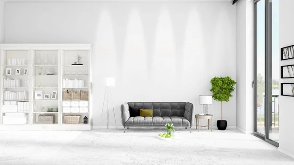 Scene with brand new interior in vogue with white rack and modern grey sofa. 3D rendering. Horizontal arrangement. — Stock Photo, Image