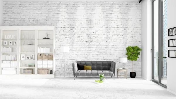 Scene with brand new interior in vogue with white rack and modern grey sofa. 3D rendering. Horizontal arrangement. — Stock Photo, Image