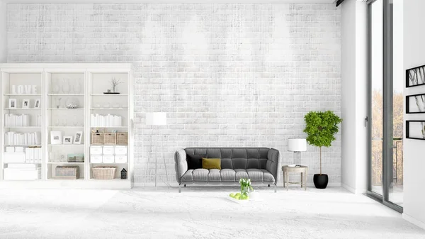 Adegan dengan interior baru dalam mode dengan rak putih dan sofa abu-abu modern. Perilisan 3D. Pengaturan horisontal . — Stok Foto