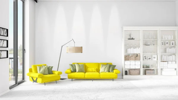 Szene mit brandneuem Interieur im Trend mit weißem Regal und gelbem Sofa. 3D-Darstellung. horizontale Anordnung. — Stockfoto