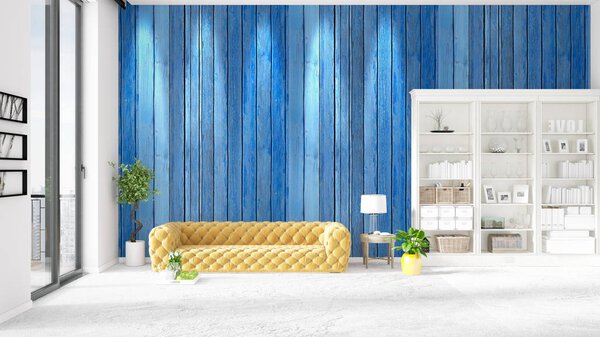 Scene with brand new loft interior in vogue with white rack and modern yellow divan. 3D rendering. Horizontal arrangement.