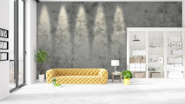 Cena com novo interior em voga com prateleira branca e sofá amarelo. Renderização 3D. Disposição horizontal . — Fotografia de Stock
