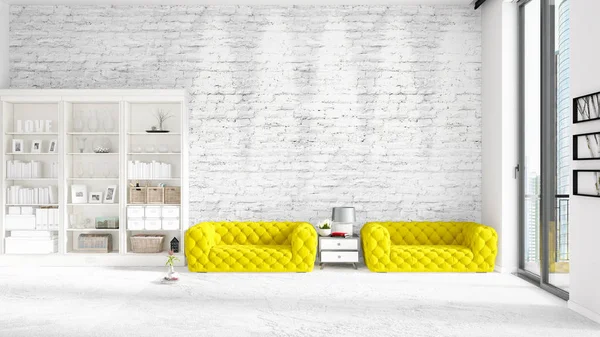 Сцена з інтер'єром в моді з білою стійкою і жовтим диваном. 3D візуалізація, 3D ілюстрація. Горизонтальне розташування . — стокове фото