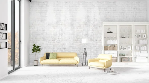 Adegan dengan interior baru dalam mode dengan rak putih dan sofa kuning. Perilisan 3D. Pengaturan horisontal . — Stok Foto