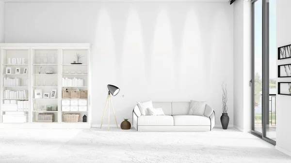 Intérieur moderne en vogue avec canapé blanc et copyspace en disposition horizontale. rendu 3D . — Photo